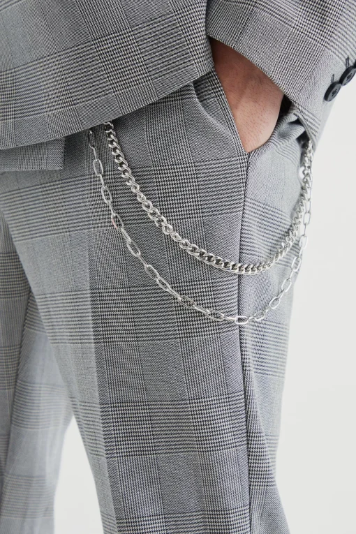 boohooMAN Skinny Flare Pow Check Trouser With Chain | UK| Trousers