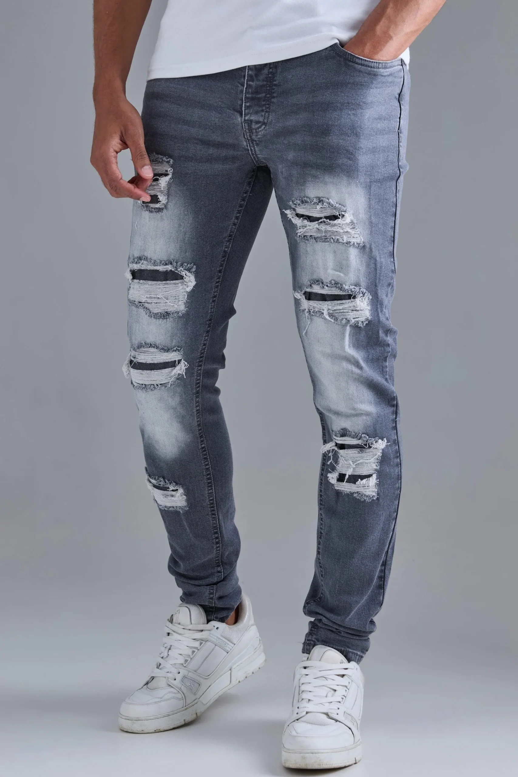 boohooMAN Skinny Stacked Distressed Ripped Jeans In | UK| Trousers|Jeans