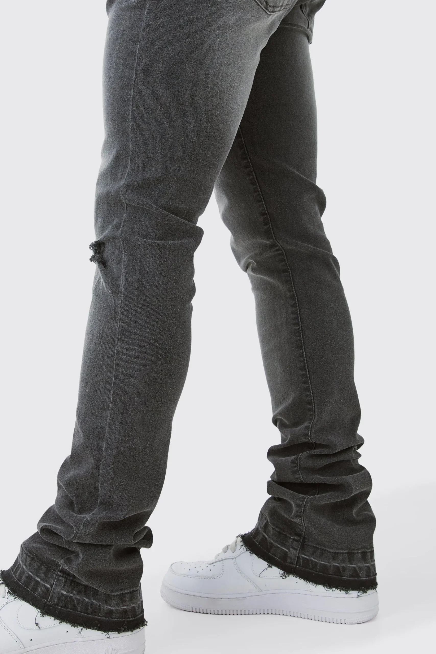 boohooMAN Skinny Stacked Flared Jeans With Knee Rip | UK| Trousers|Jeans