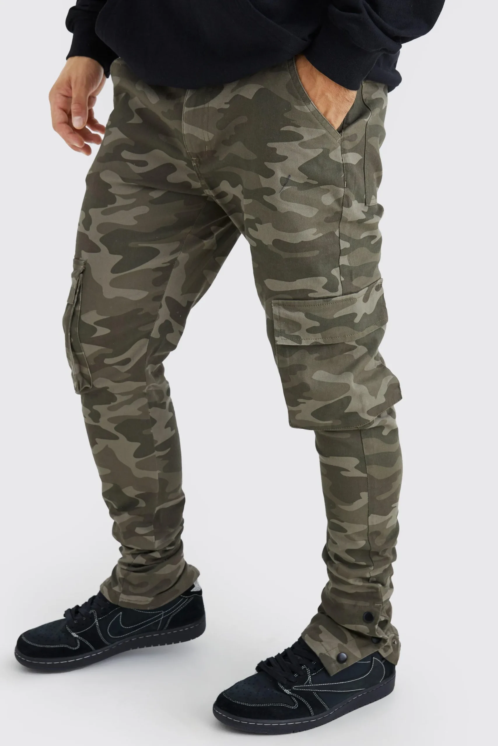 boohooMAN Skinny Stacked Popper Hem Camo Cargo Trouser | UK| Trousers