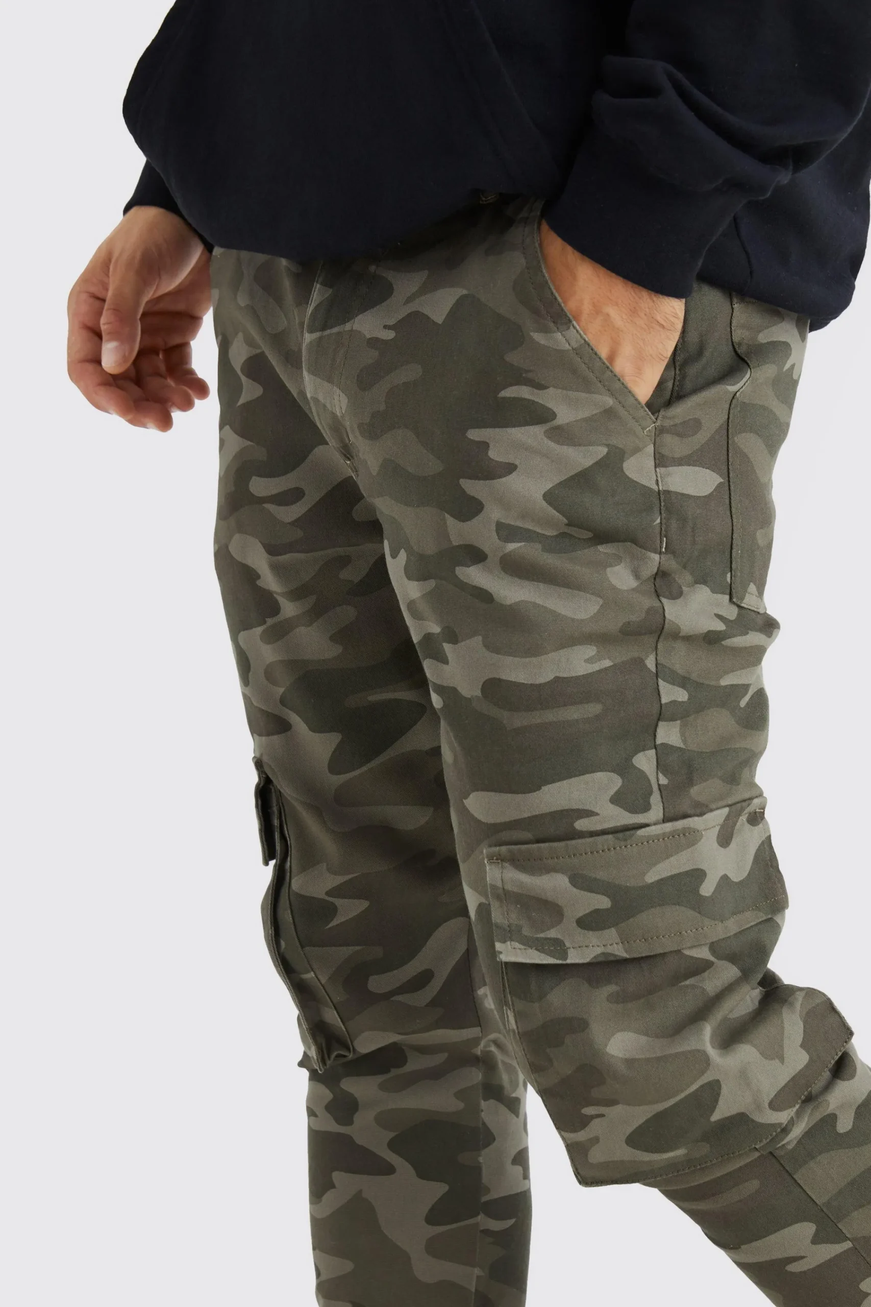 boohooMAN Skinny Stacked Popper Hem Camo Cargo Trouser | UK| Trousers