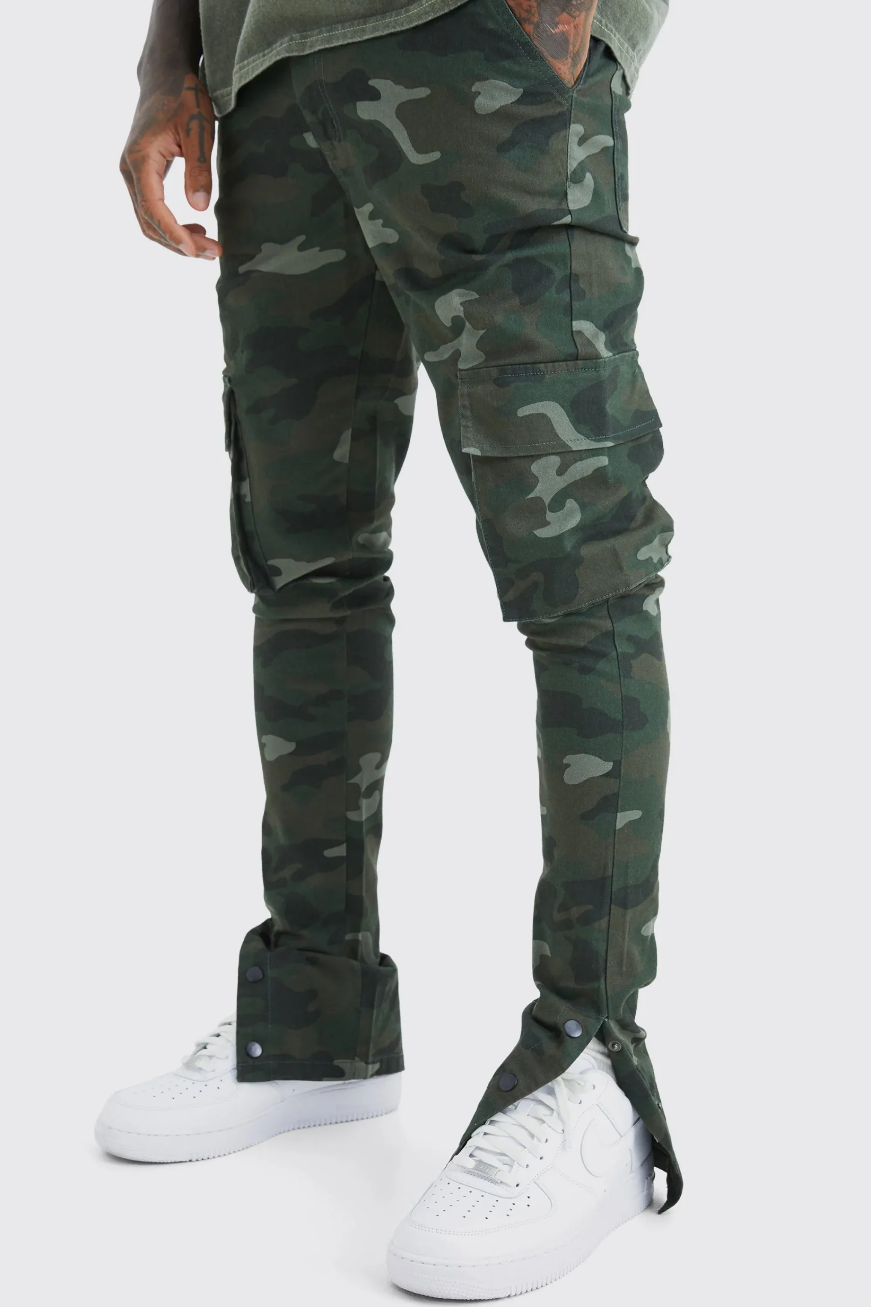 boohooMAN Skinny Stacked Popper Hem Camo Cargo Trouser | UK| Trousers|Cargos