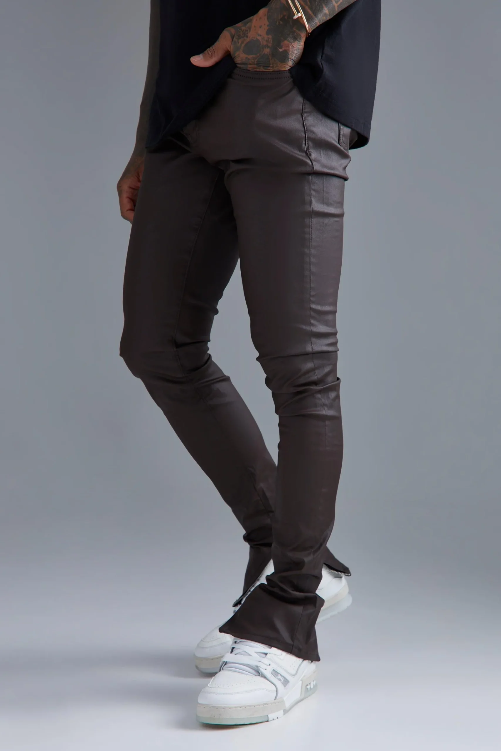 boohooMAN Skinny Stacked Zip Hem Coated Jeans | UK| Trousers|Jeans