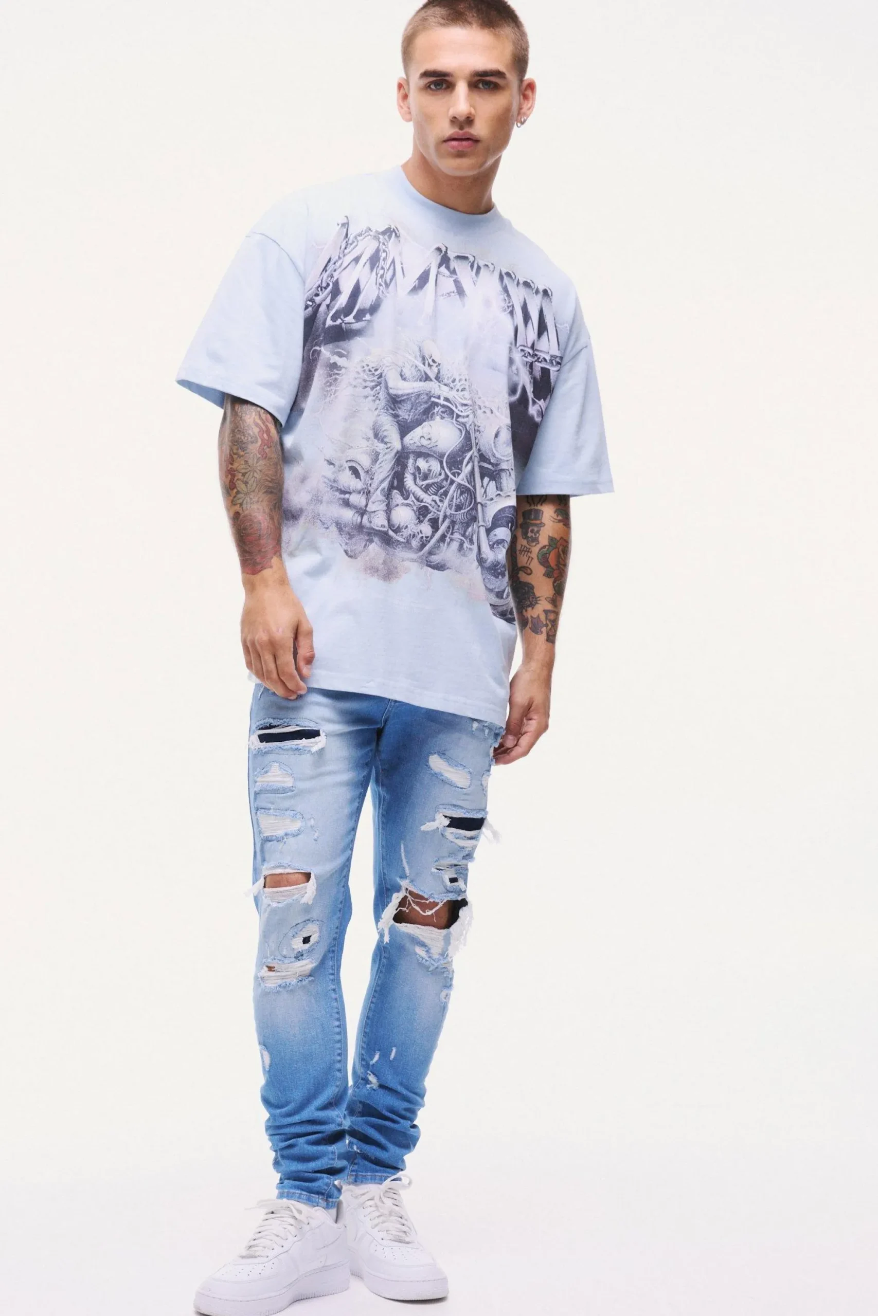 boohooMAN Skinny Stretch All Over Rip Bleached Denim Jean In | UK| Trousers|Jeans