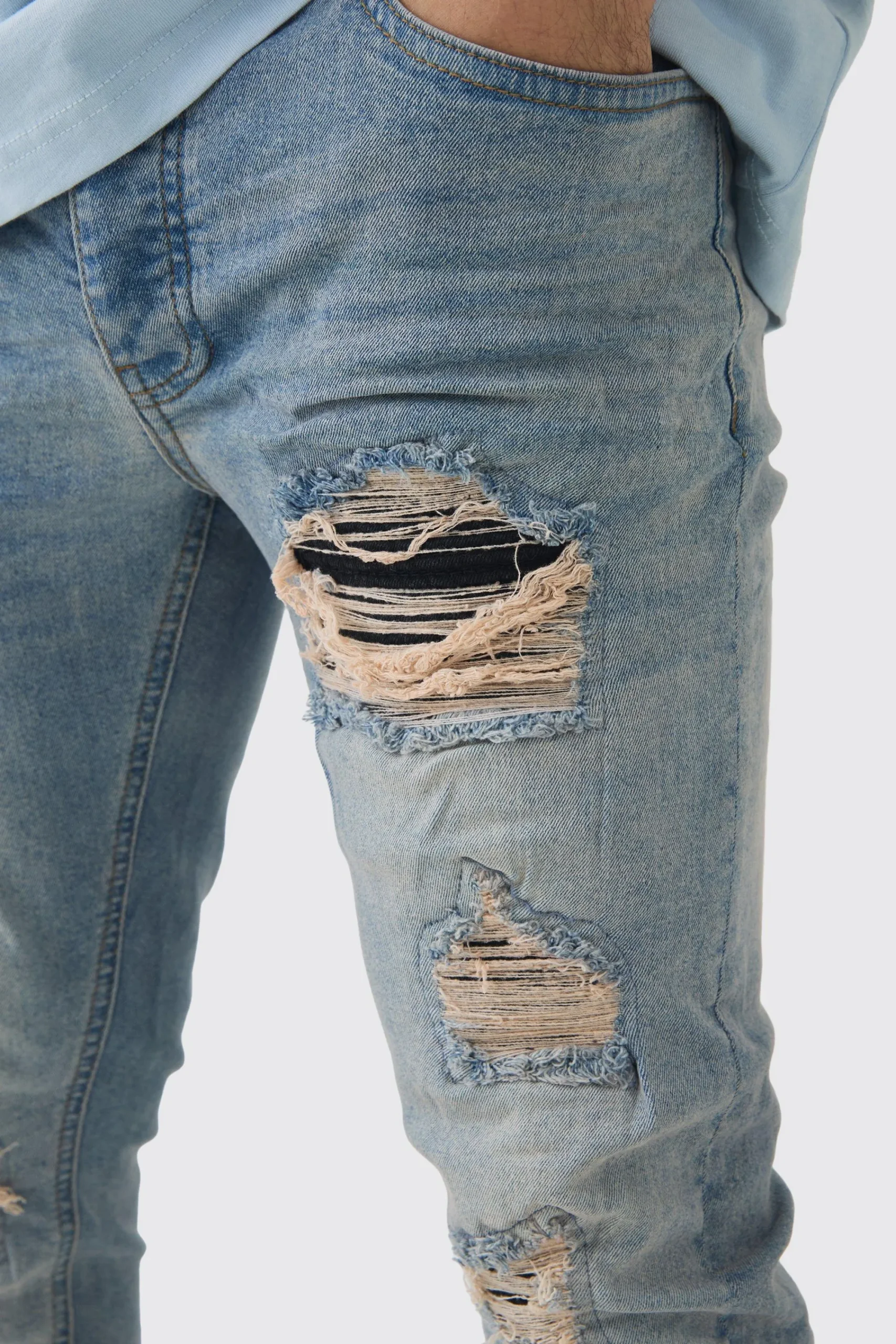 boohooMAN Skinny Stretch Black PU Biker Rip & Repair Jeans | UK| Trousers|Jeans