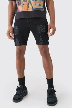 boohooMAN Skinny Stretch Distressed Denim Shorts In Black | UK| Shorts