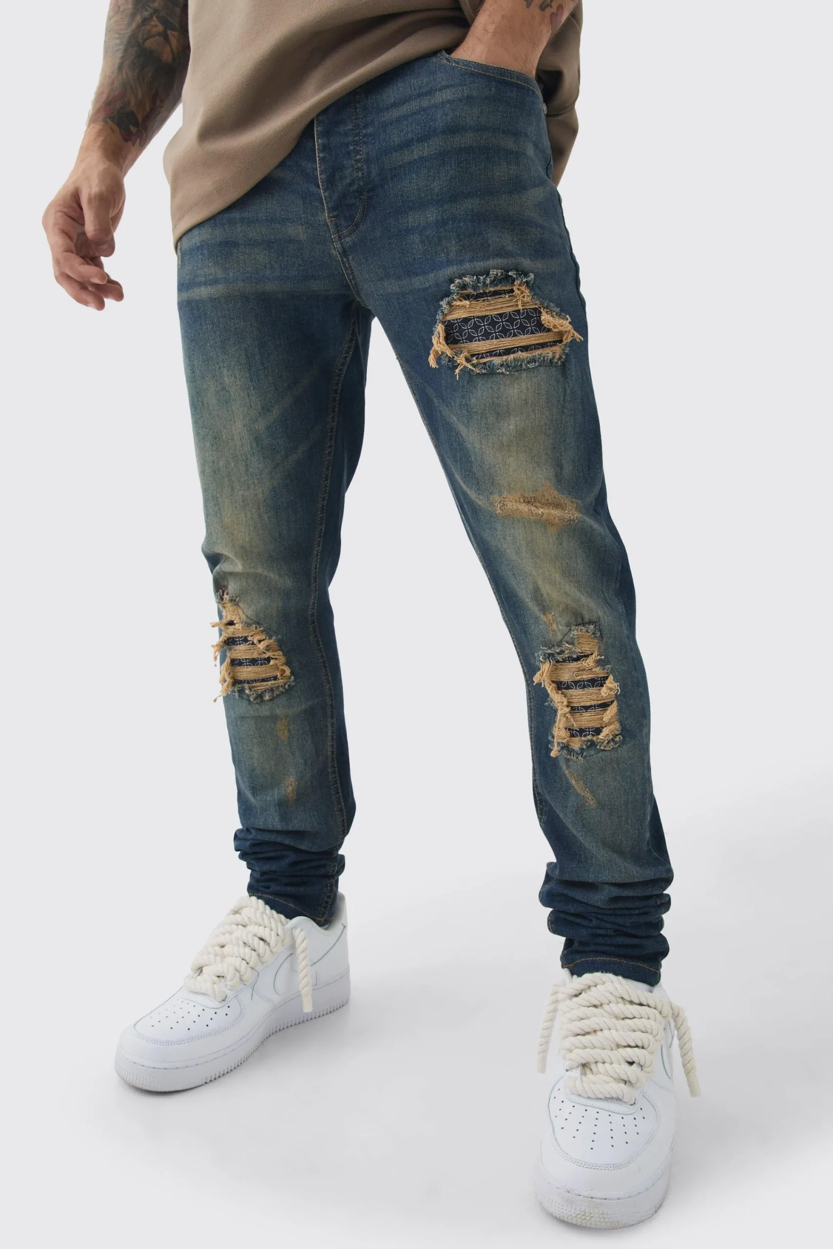 boohooMAN Skinny Stretch Stacked Bandana Rip & Repair Jeans | UK| Trousers|Jeans