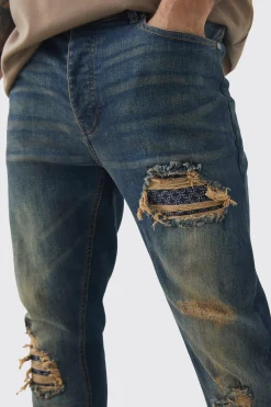 boohooMAN Skinny Stretch Stacked Bandana Rip & Repair Jeans | UK| Trousers|Jeans