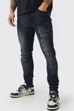boohooMAN Skinny Stretch Stacked Biker Rip & Repair Jeans | UK| Trousers|Jeans