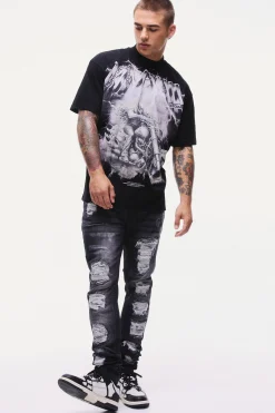 boohooMAN Skinny Stretch Stacked Black PU Biker Rip & Repair Jeans | UK| Trousers|Jeans