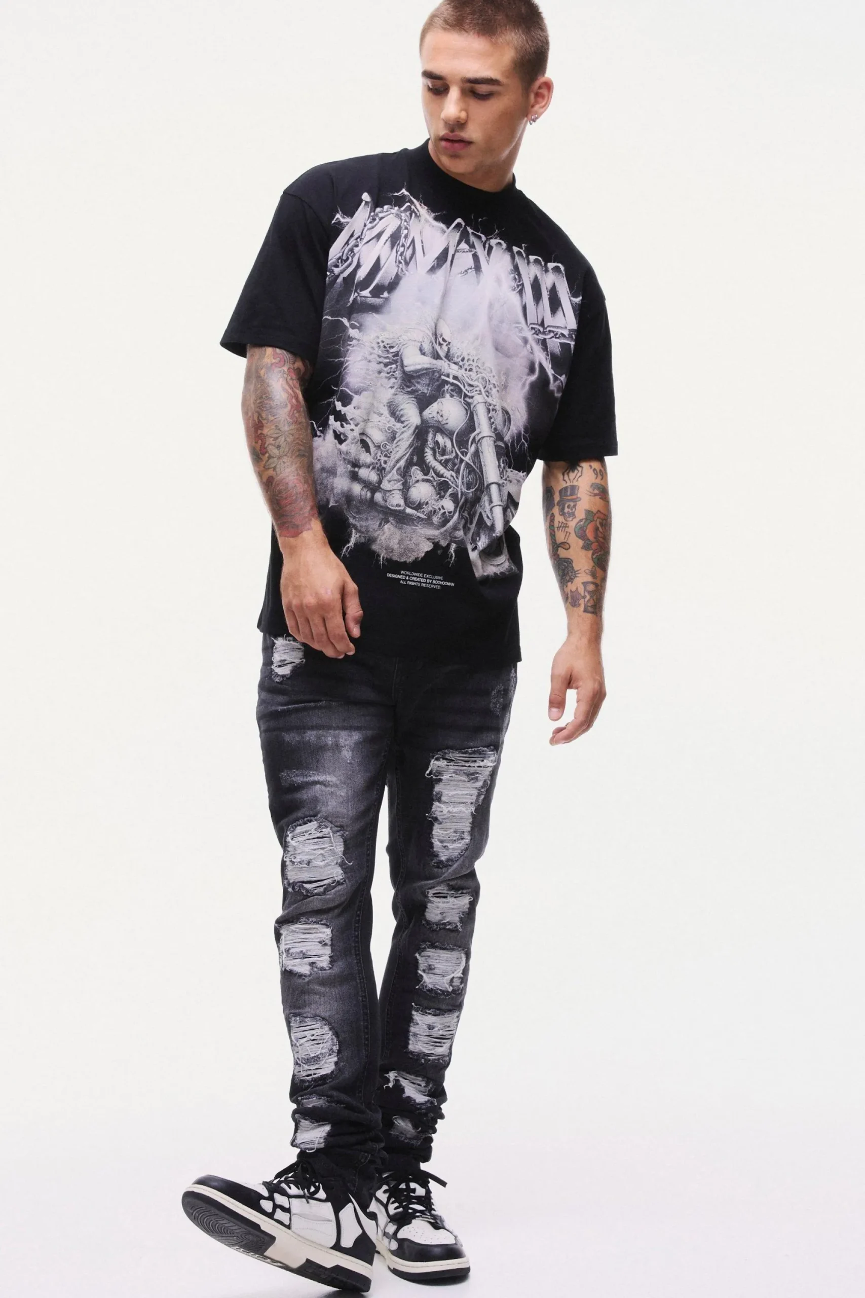 boohooMAN Skinny Stretch Stacked Black PU Biker Rip & Repair Jeans | UK| Trousers|Jeans