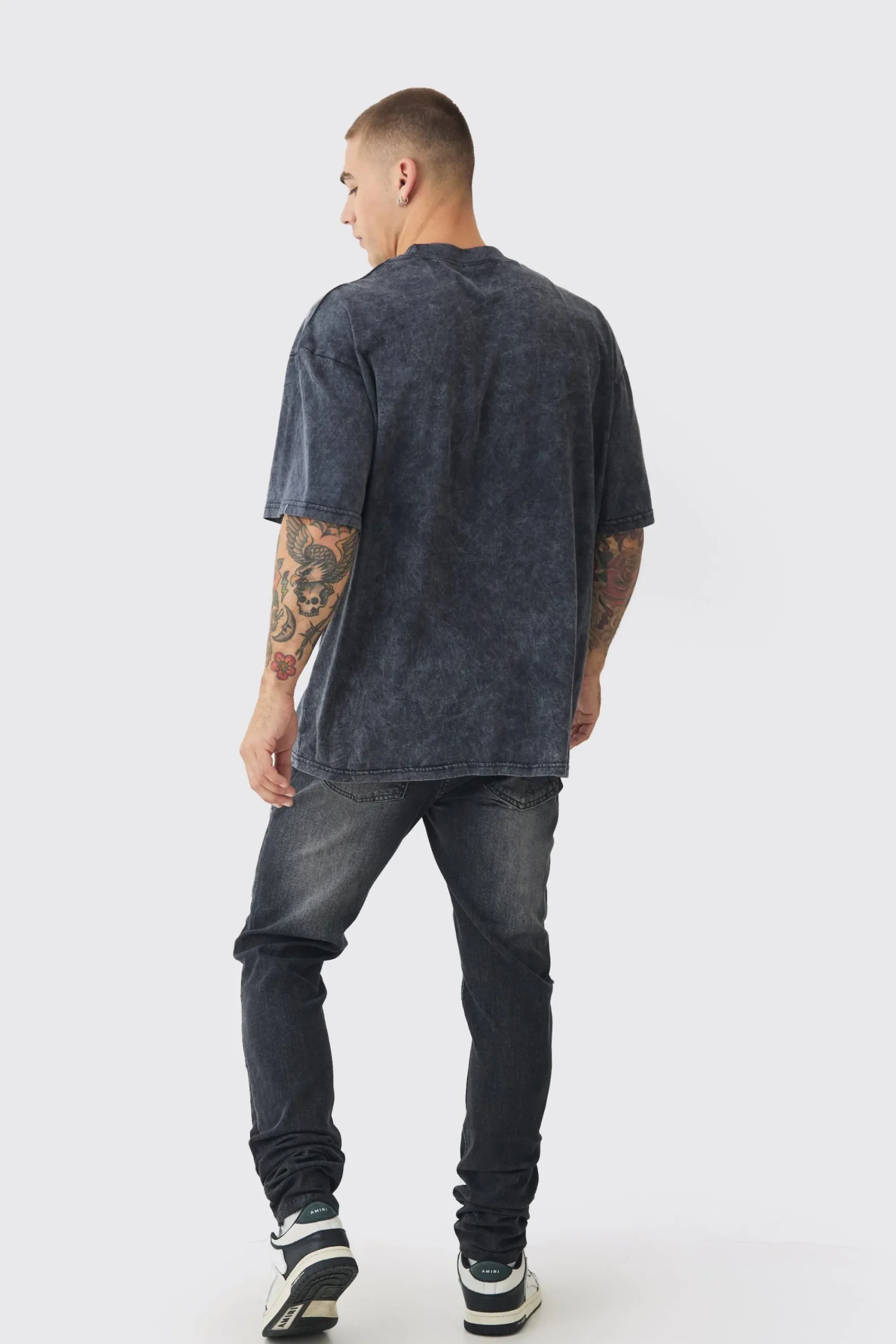 boohooMAN Skinny Stretch Stacked Black PU Biker Rip & Repair Jeans | UK| Trousers|Jeans