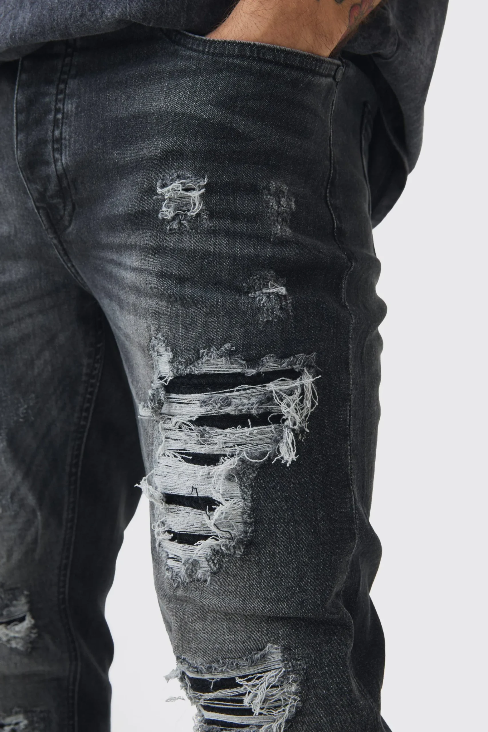 boohooMAN Skinny Stretch Stacked Black PU Biker Rip & Repair Jeans | UK| Trousers|Jeans