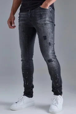 boohooMAN Skinny Stretch Stacked Ripped Carpenter Zip Hem Jeans In | UK| Trousers|Jeans
