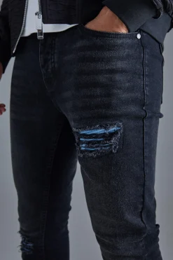 boohooMAN Skinny Stretch Pu Biker Rip & Repair Jeans | UK| Trousers|Jeans