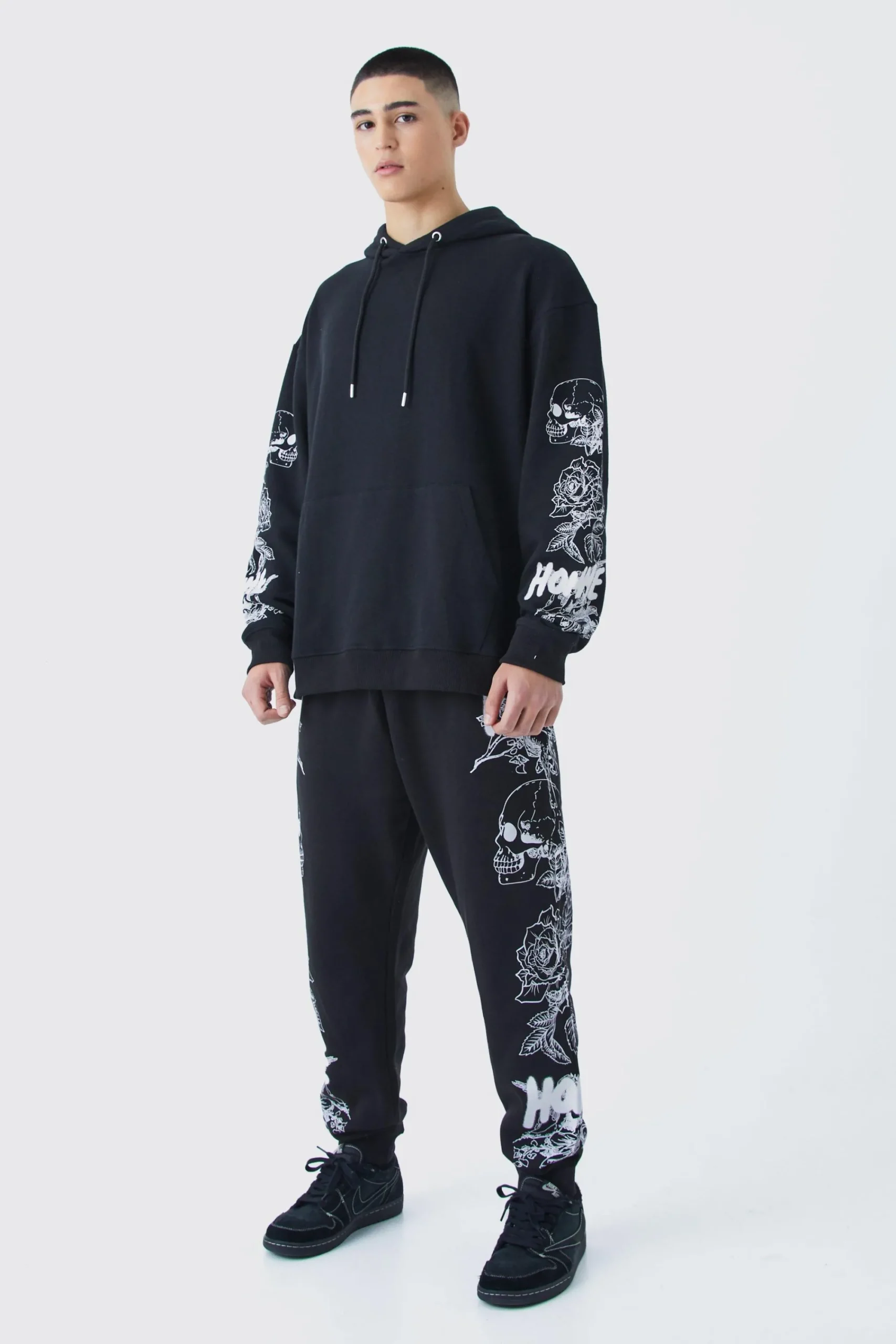 boohooMAN Skull Graphic Pocket Detail Hooded Tracksuit | UK| Tracksuits