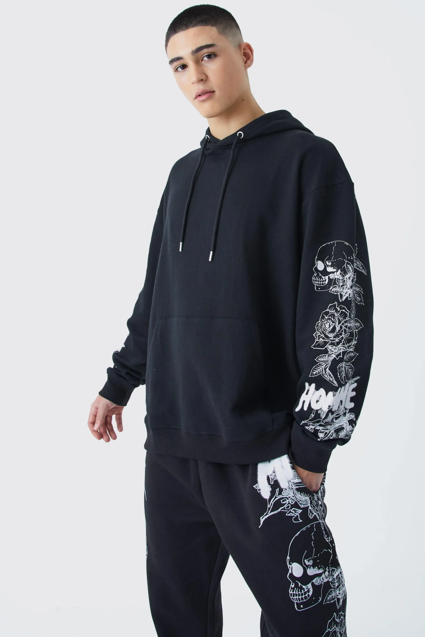 boohooMAN Skull Graphic Pocket Detail Hooded Tracksuit | UK| Tracksuits