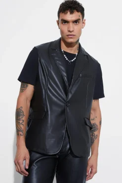 boohooMAN Sleeveless Pu Single Breasted Suit Jacket | UK| Suits & Tailoring