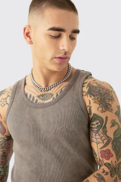 Slim Acid Washed Man Signature Ribbed Vest | UK^boohooMAN Online