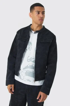 boohooMAN Slim Boxy Denim Graffiti Laser Print Biker Jacket | UK| Sets & Co-Ords|Coats & Jackets
