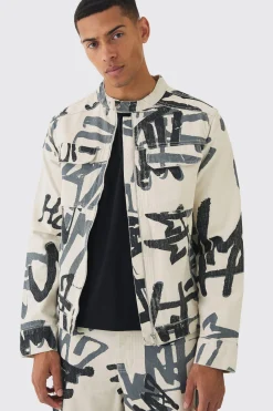 boohooMAN Slim Boxy Denim Graffiti Laser Print Biker Jacket | UK| Sets & Co-Ords|Coats & Jackets