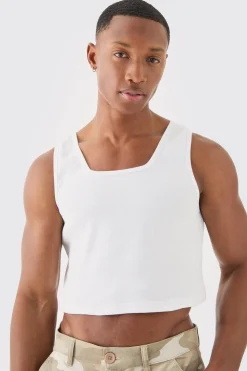 Slim Cropped Square Neck Interlock Vest | UK^boohooMAN Online