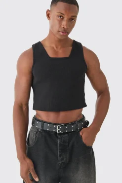 Slim Cropped Square Neck Interlock Vest | UK^boohooMAN Sale