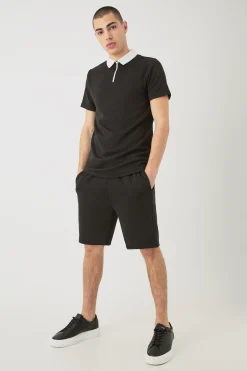 boohooMAN Slim Fit 1/4 Zip Polo And Short Set | UK| Tracksuits