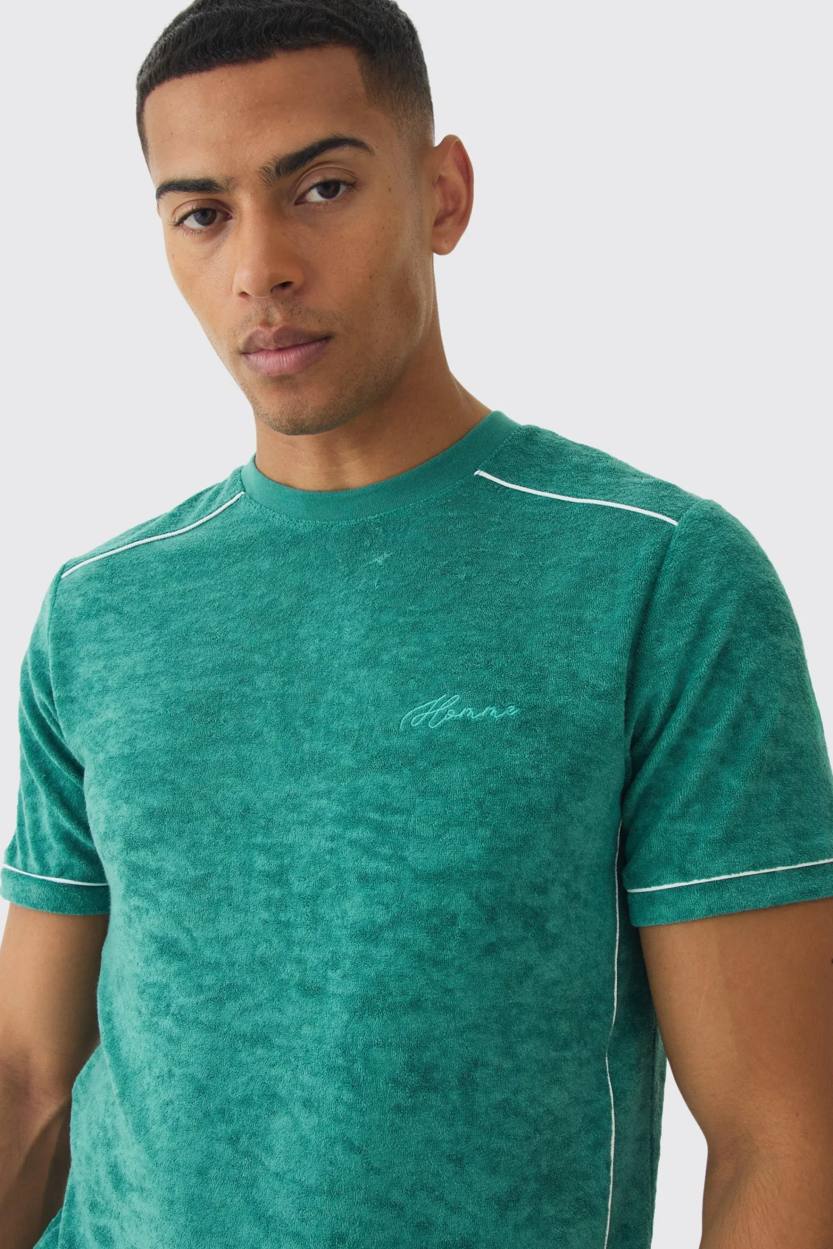 boohooMAN Slim Fit Towelling Piping T-shirt & Short Set | UK| Sets & Co-Ords|Tracksuits