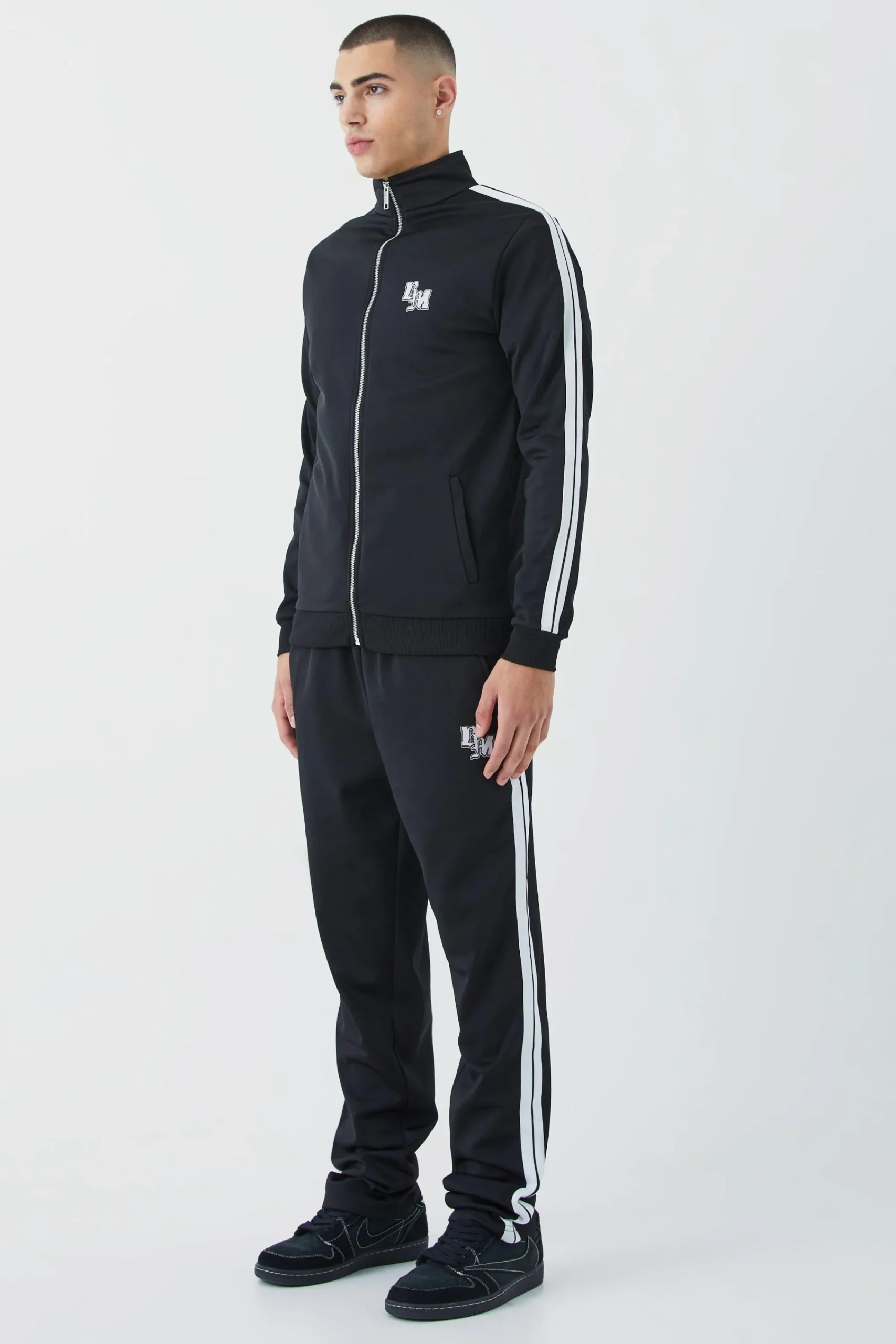 boohooMAN Slim Fit Tricot Side Tape Funnel Neck Tracksuit | UK| Tracksuits