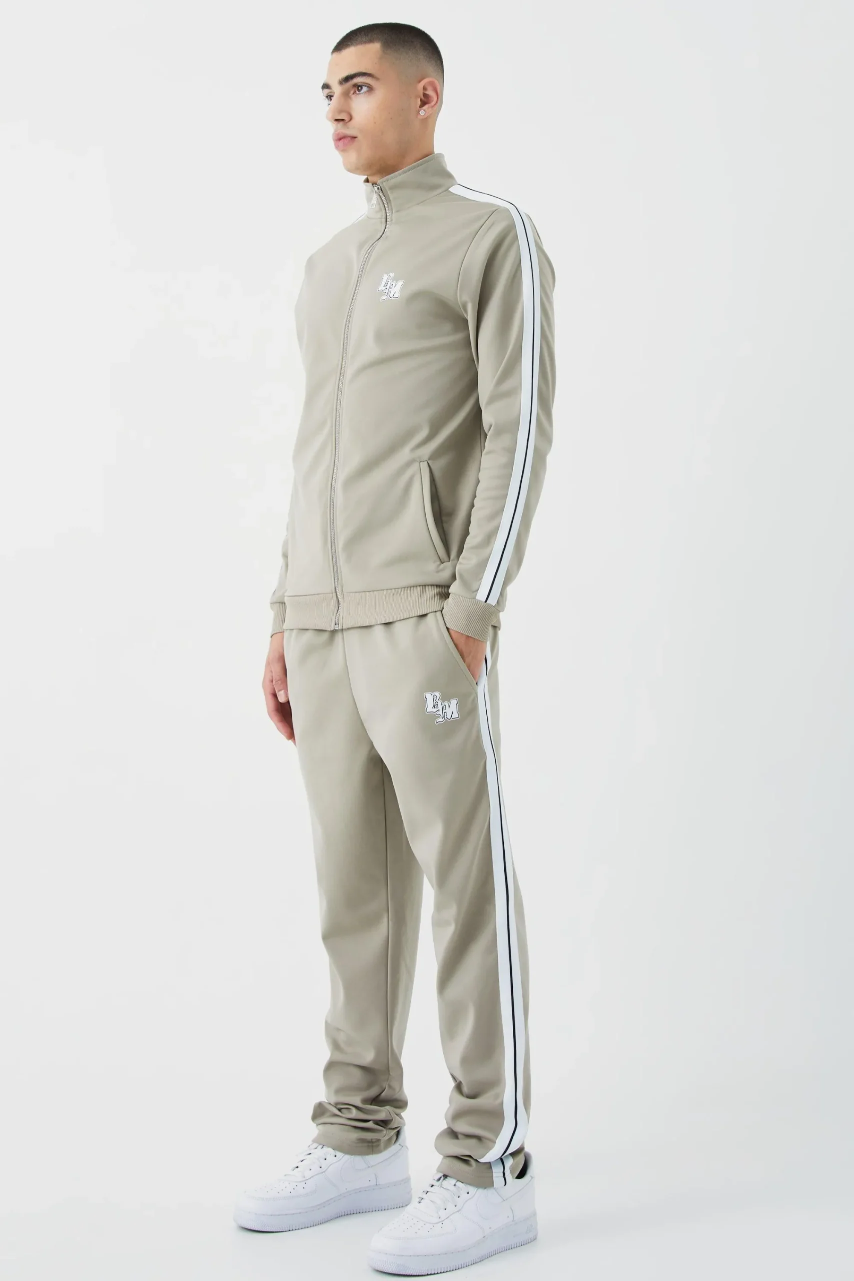 boohooMAN Slim Fit Tricot Side Tape Funnel Neck Tracksuit | UK| Tracksuits