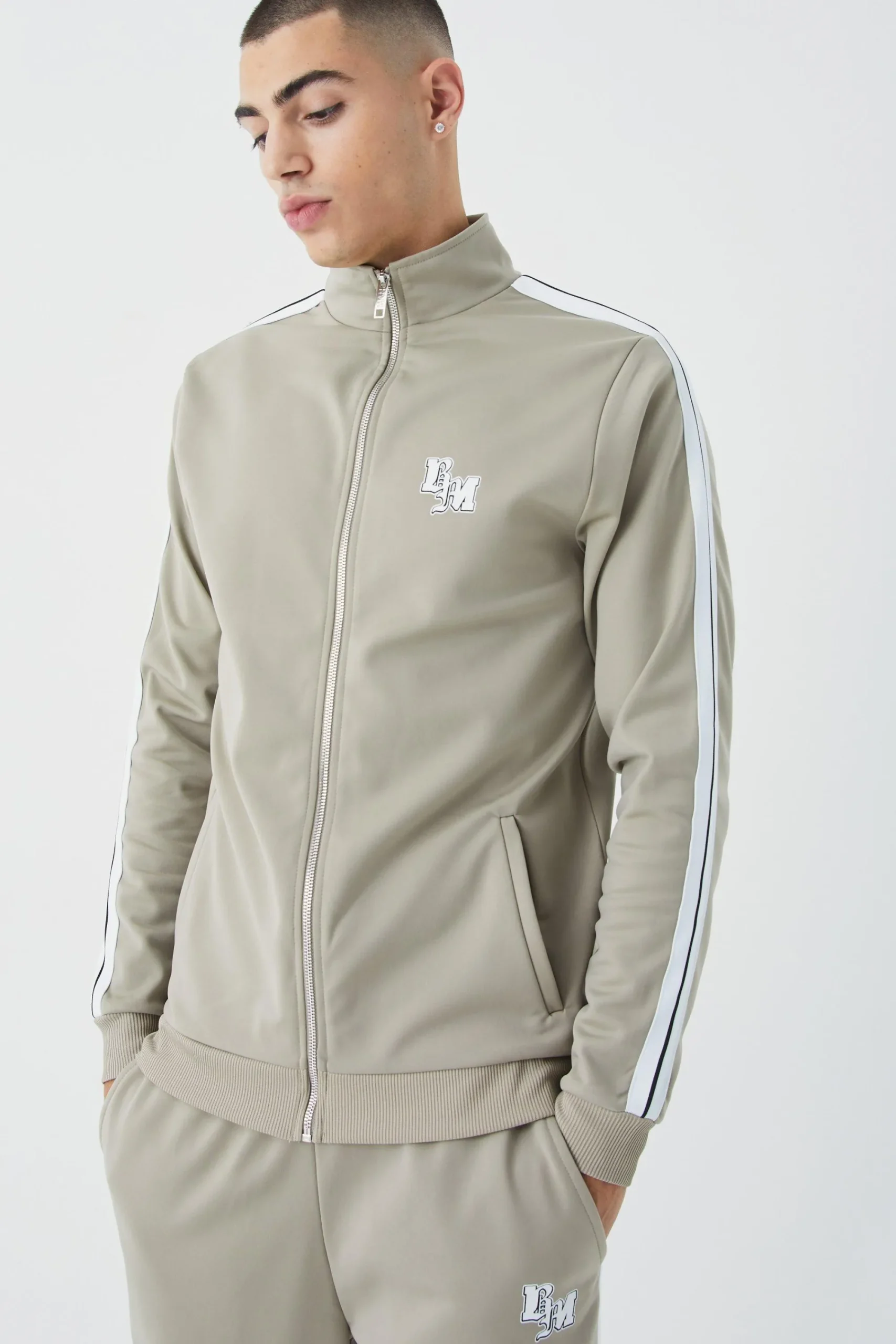 boohooMAN Slim Fit Tricot Side Tape Funnel Neck Tracksuit | UK| Tracksuits