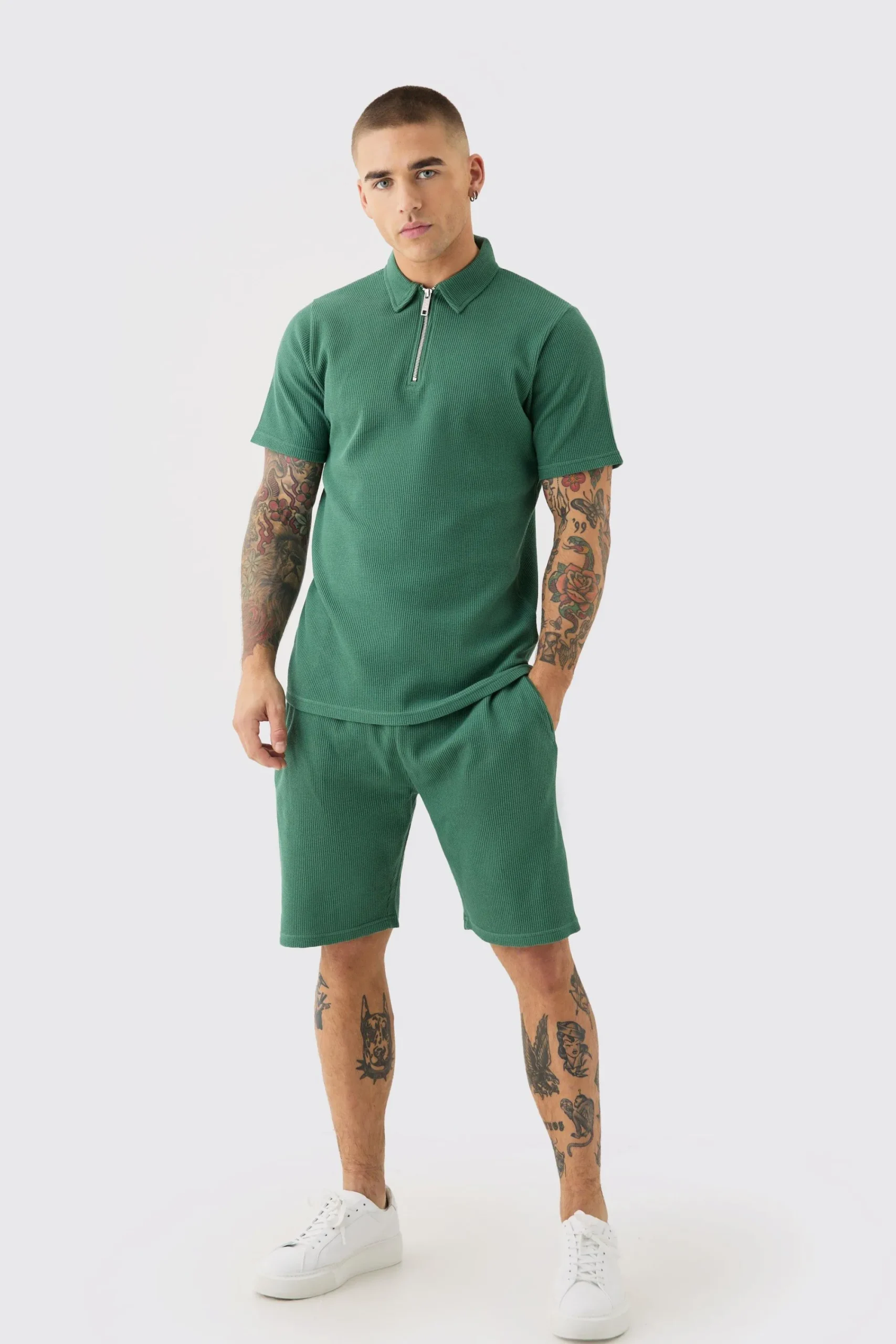 boohooMAN Slim Fit Waffle Polo & Short Set | UK| Tracksuits