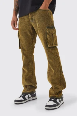 boohooMAN Slim Flare Acid Wash Cargo Corduroy Trouser | UK| Trousers