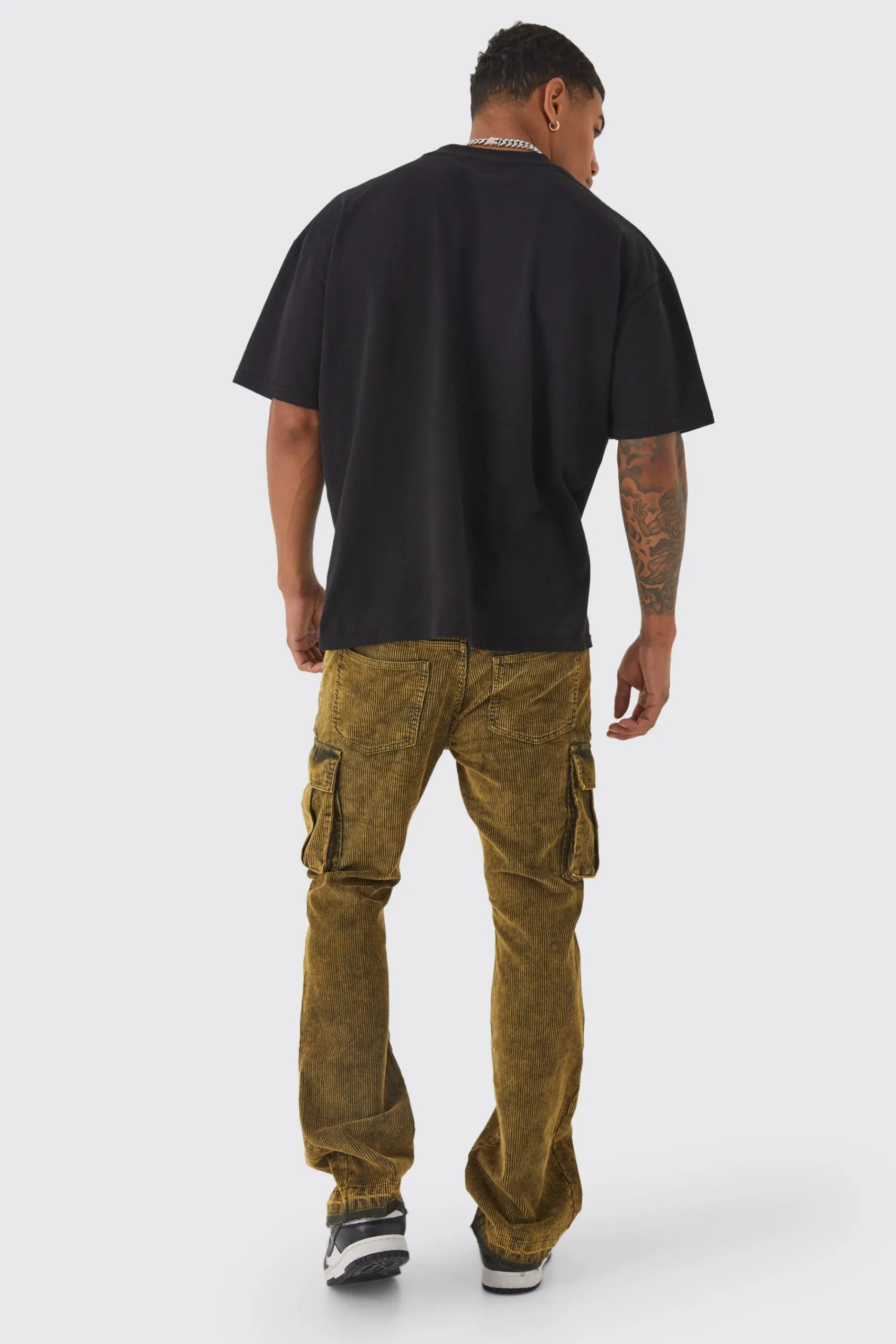 boohooMAN Slim Flare Acid Wash Cargo Corduroy Trouser | UK| Trousers