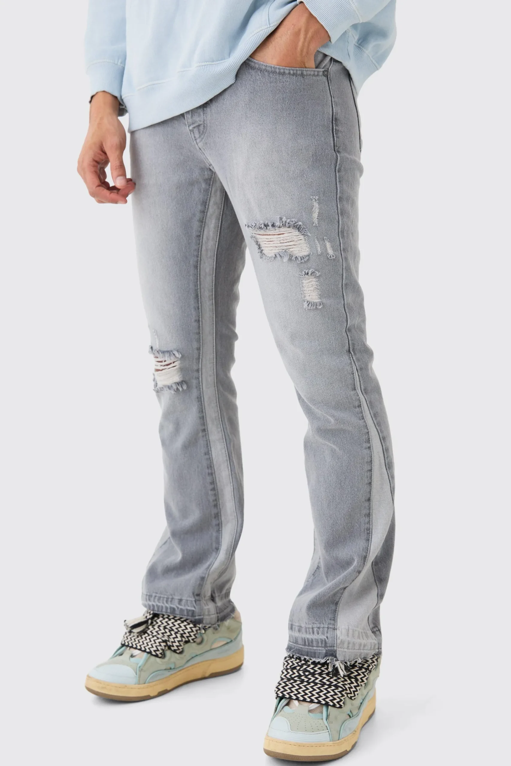 boohooMAN Slim Flare Distressed Gusset Panel Jeans | UK| Trousers|Jeans