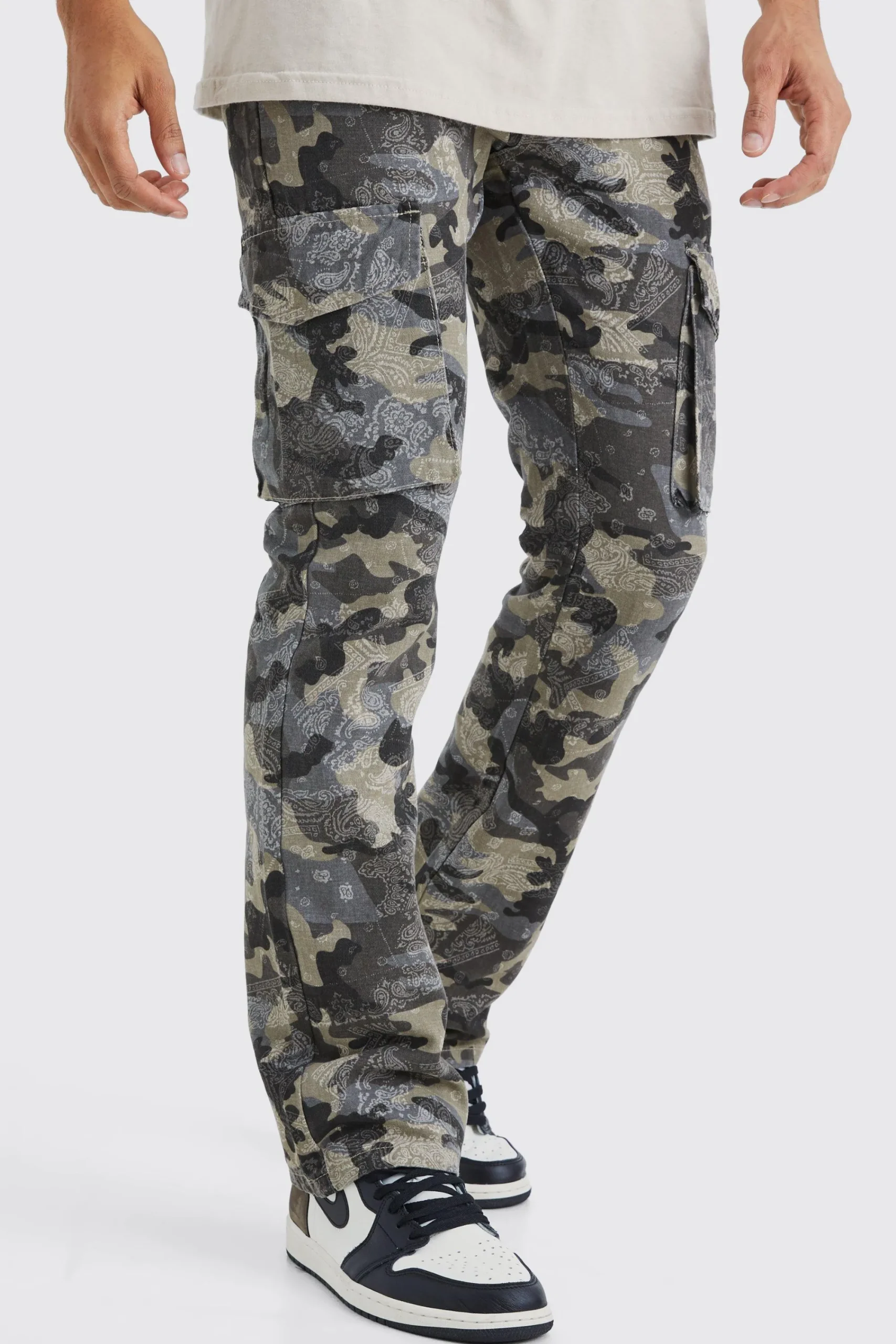 boohooMAN Slim Flare Gusset Camo Bandana Cargo Trouser | UK| Trousers|Cargos