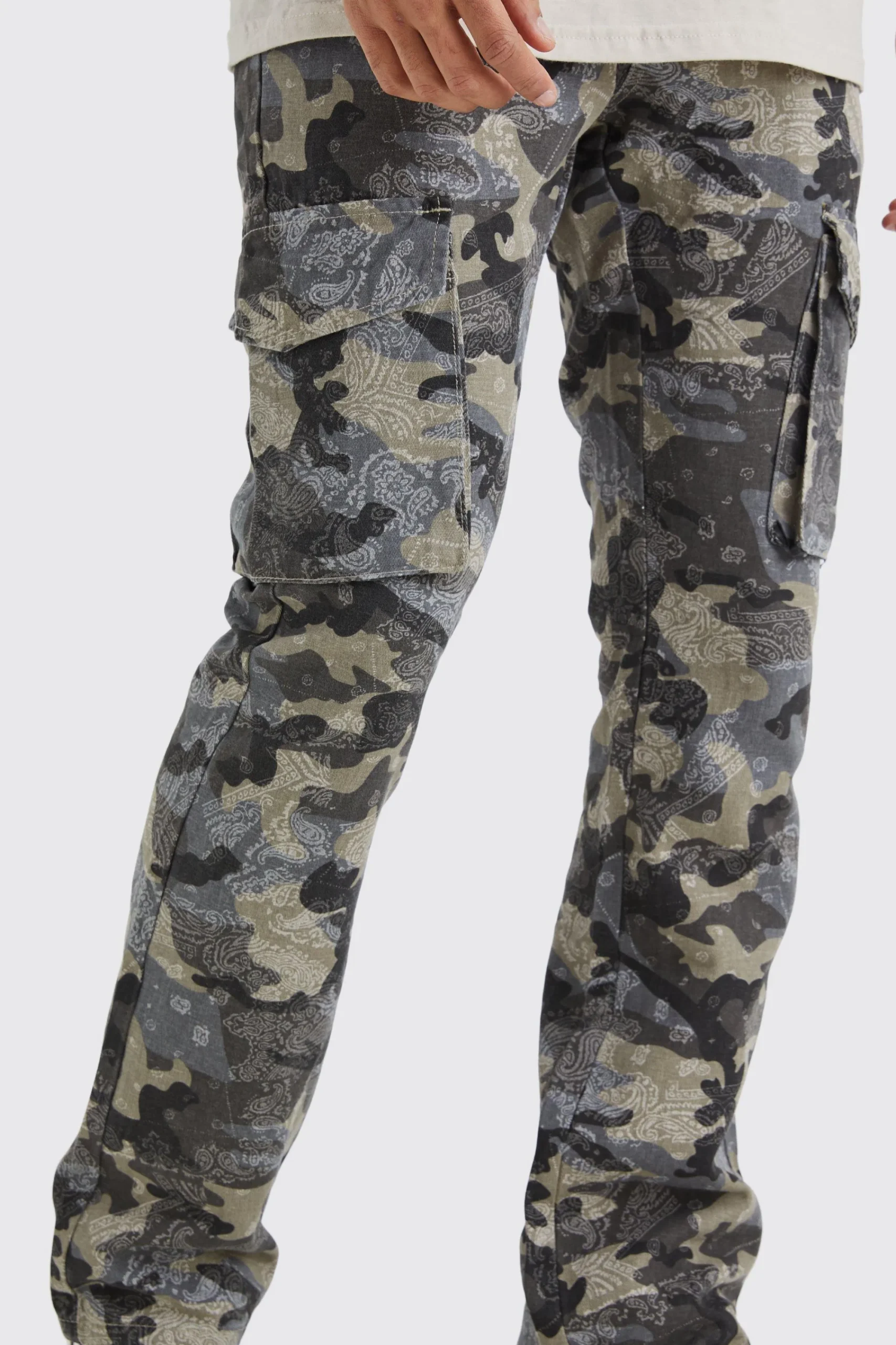 boohooMAN Slim Flare Gusset Camo Bandana Cargo Trouser | UK| Trousers|Cargos