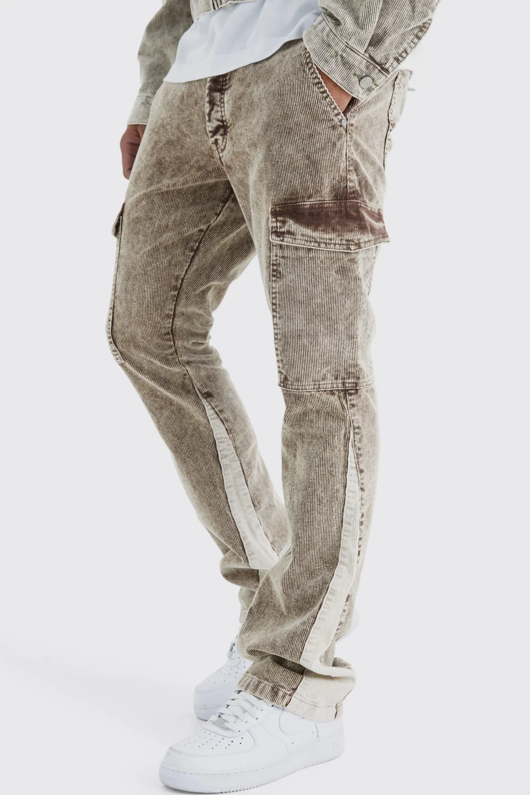 boohooMAN Slim Flare Gusset Corduroy Acid Wash Trouser | UK| Trousers