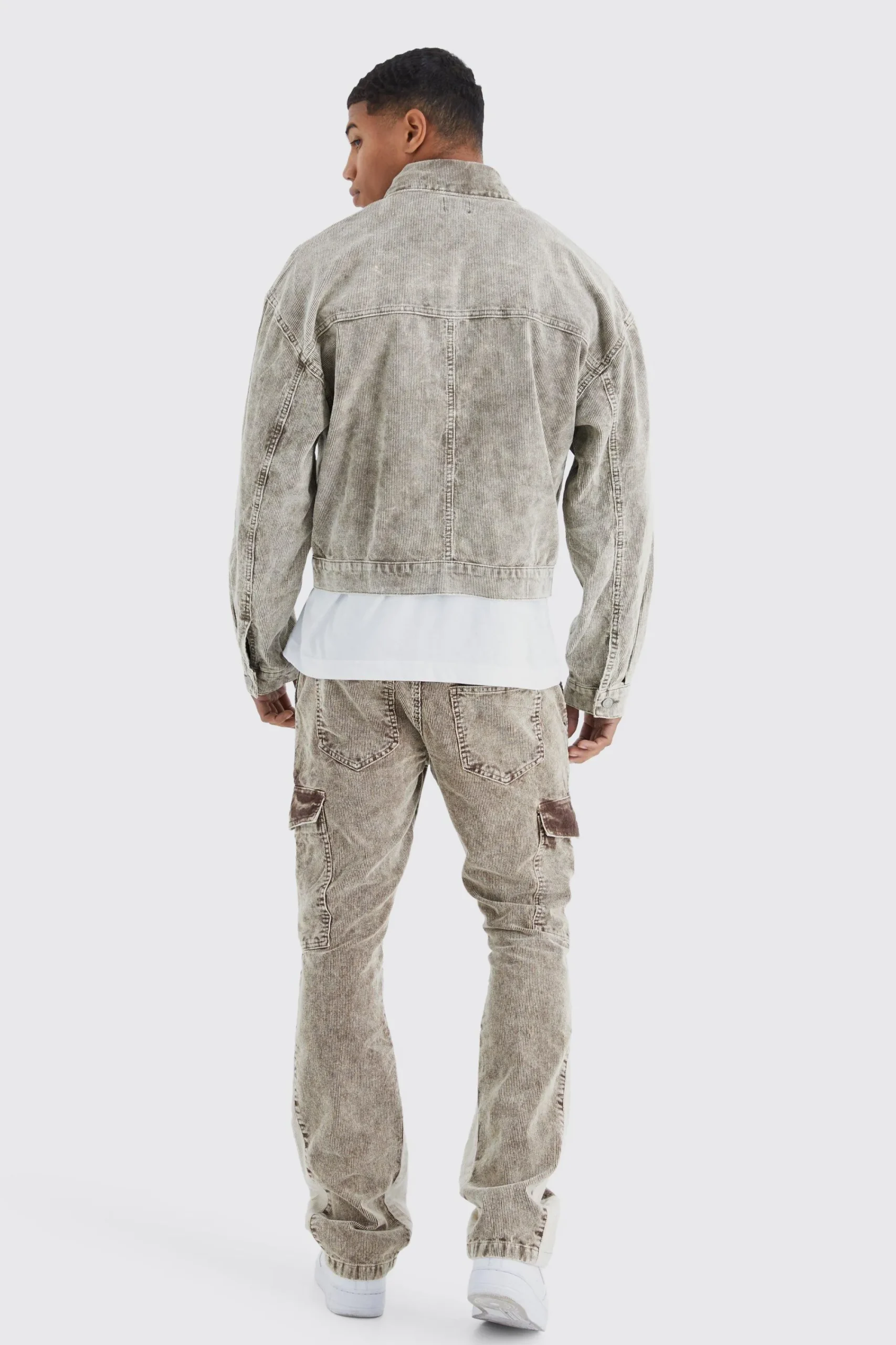 boohooMAN Slim Flare Gusset Corduroy Acid Wash Trouser | UK| Trousers