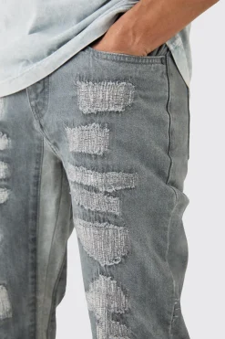 boohooMAN Slim Flare Rigid All Over Rip & Repaired Jeans In Antique | UK| Trousers|Jeans