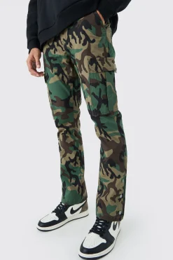 boohooMAN Slim Flare Ripstop Camo Cargo Trouser With Popper Hem | UK| Trousers