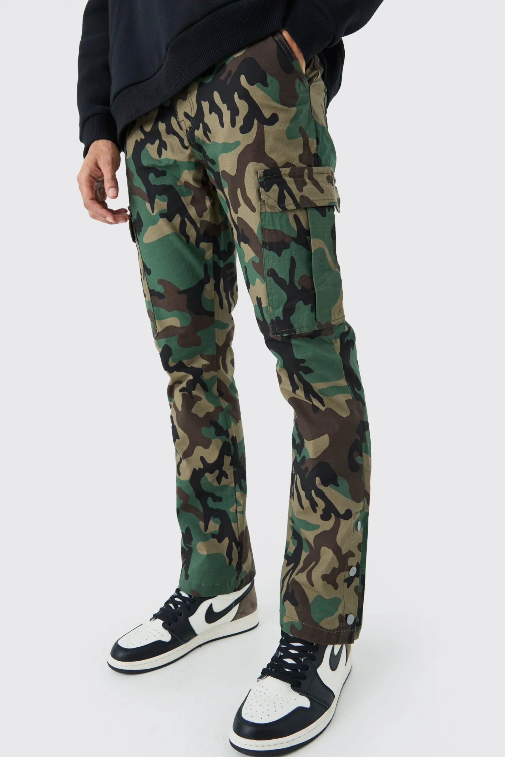 boohooMAN Slim Flare Ripstop Camo Cargo Trouser With Popper Hem | UK| Trousers