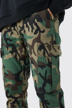 boohooMAN Slim Flare Ripstop Camo Cargo Trouser With Popper Hem | UK| Trousers