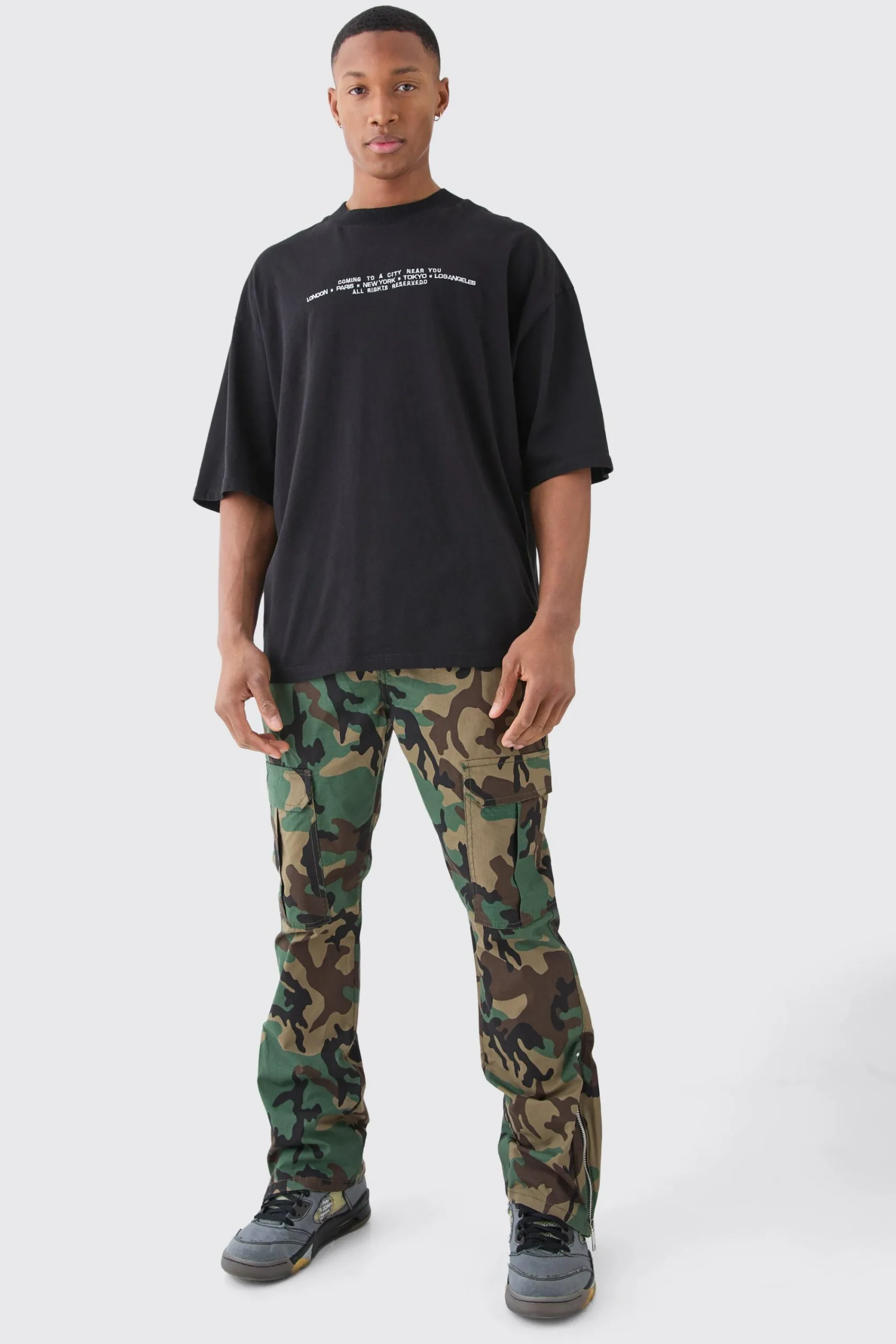 boohooMAN Slim Flare Ripstop Camo Cargo Trouser With Zip Gusset | UK| Trousers