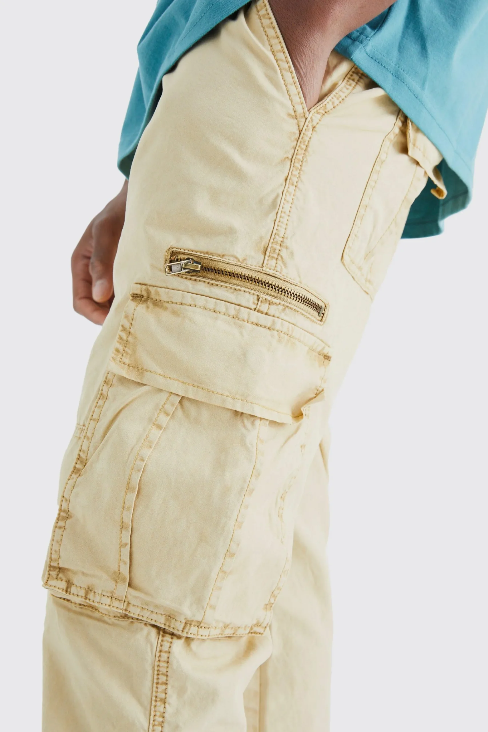 boohooMAN Slim Flare Zip Gusset Overdye Acid Wash Cargo Trouser | UK| Trousers|Cargos