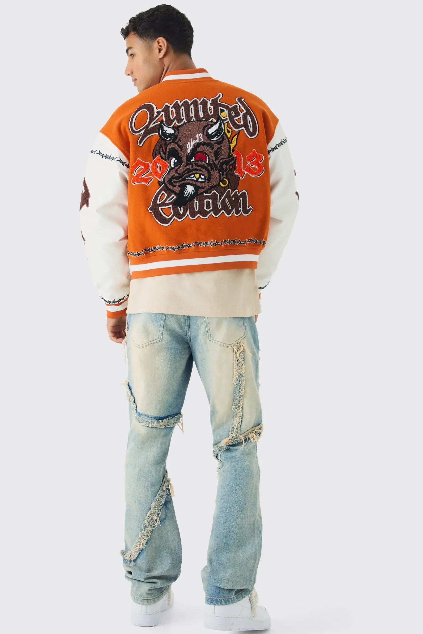 boohooMAN Slim Flared Patchwork Distressed Bleached Jeans | UK| Trousers|Jeans