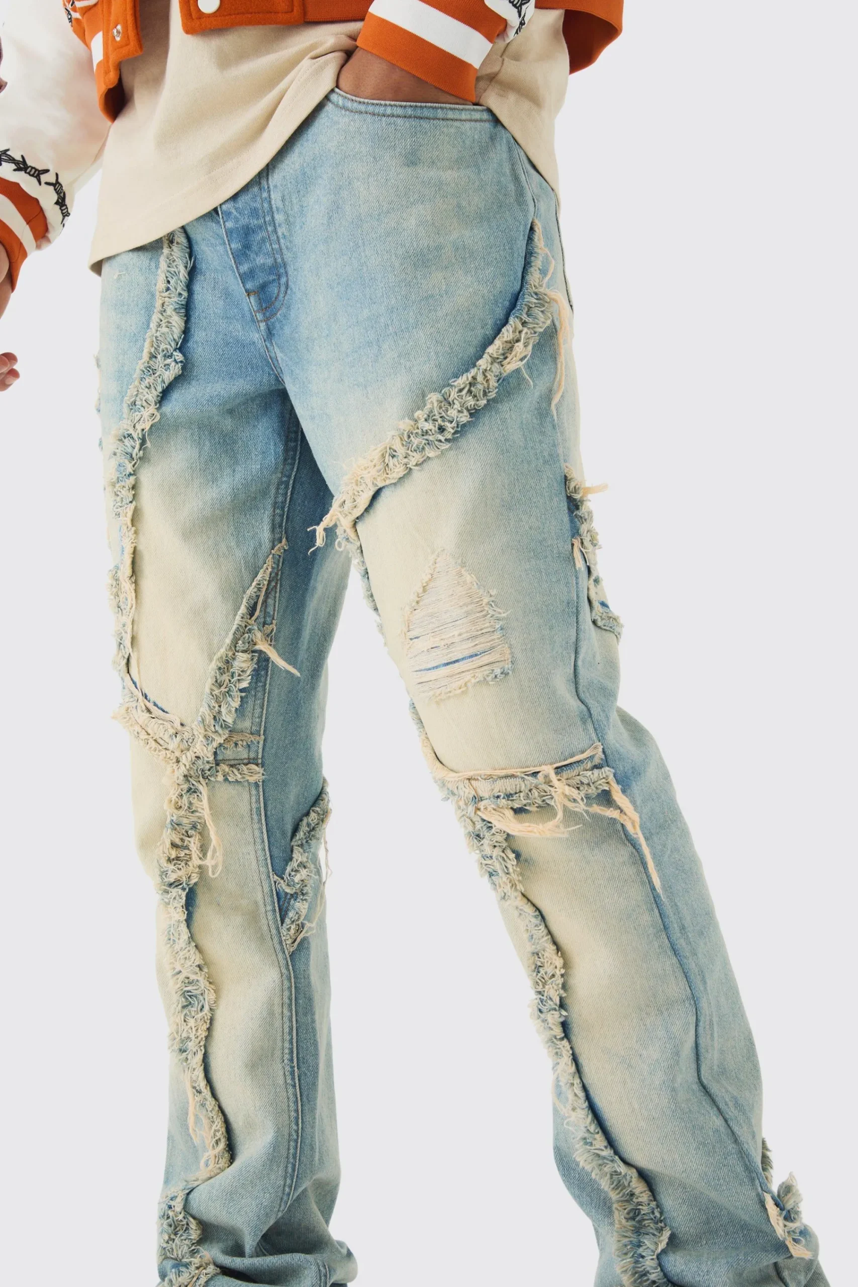 boohooMAN Slim Flared Patchwork Distressed Bleached Jeans | UK| Trousers|Jeans