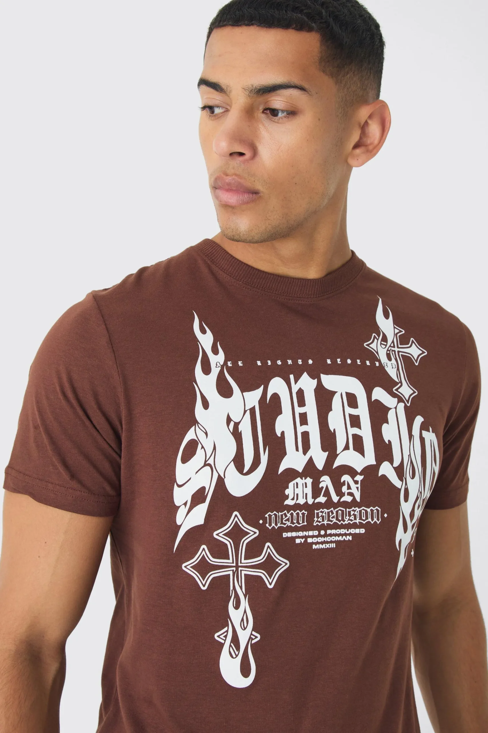 Slim Gothic Cross Print T-Shirt | UK^boohooMAN Sale