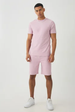 boohooMAN Slim Jacquard Stripe T-shirt & Short Set | UK| Sets & Co-Ords|Tracksuits
